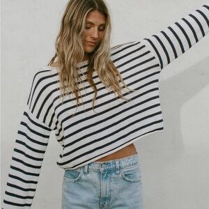 Women's Striped Crew Neck Sweater - Navy and White